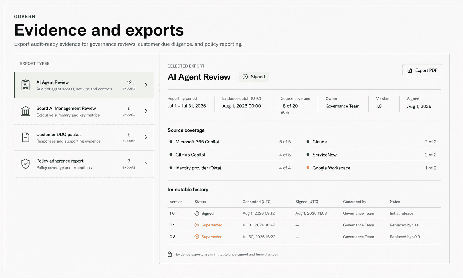 Tallin evidence and exports view showing board, AI agent, customer diligence, and policy reports with source coverage, version, signature, and immutable history.
