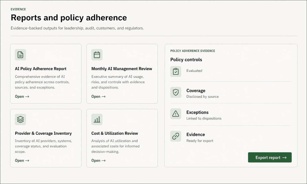 Tallin reports and policy adherence view with four evidence-backed outputs and explicit coverage, exception, and export states.