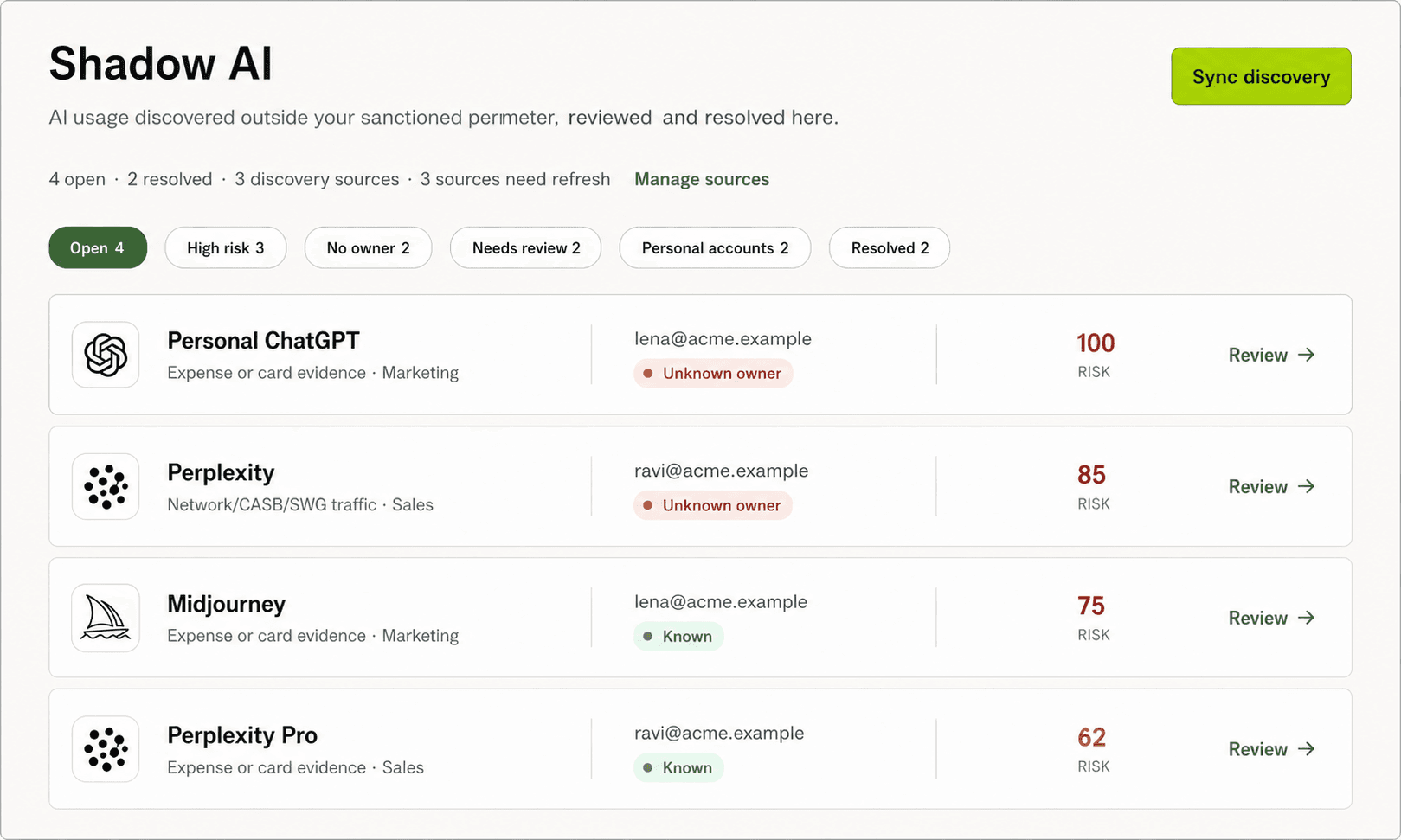 Tallin Shadow AI view showing observed AI services, managed identities, evidence sources, risk scores, and review actions.